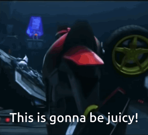 A Picture Of A Motorcycle With The Words " This Is Gonna Be Juicy " Below It GIF