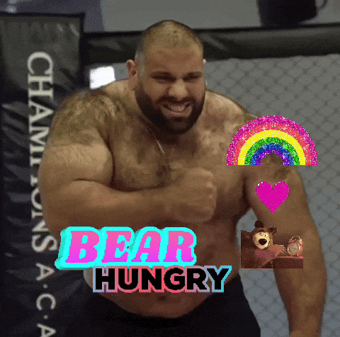 A Picture Of A Muscular Man With The Words Bear Hungry On It GIF