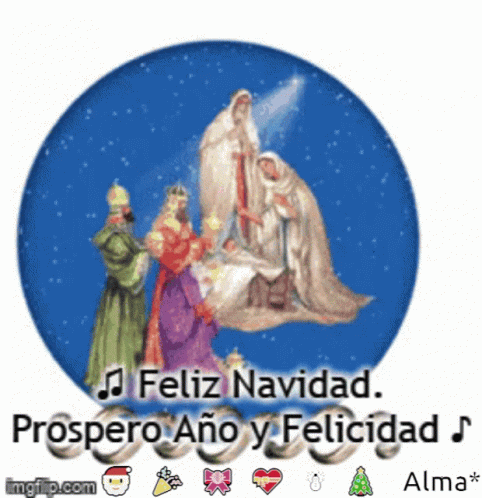 A Picture Of A Nativity Scene With The Words Feliz Navidad Prospero Ano Y Felicidad On It GIF