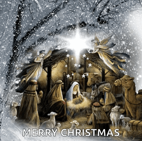 A Picture Of A Nativity Scene With The Words Merry Christmas Above It GIF