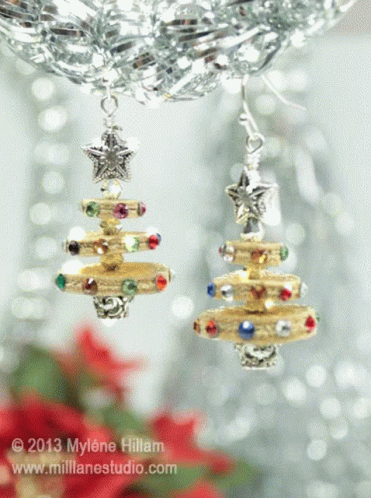 A Picture Of A Pair Of Christmas Tree Shaped Earrings Taken In 2013 GIF