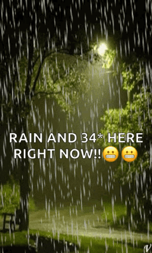 A Picture Of A Park In The Rain With The Words Rain And 34 * Here Right Now GIF