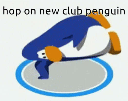A Picture Of A Penguin Doing A Handstand With The Words Hop On New Club Penguin Below It GIF