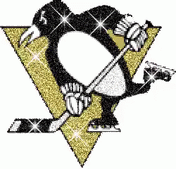 A Picture Of A Penguin Holding A Hockey Stick In A Triangle GIF