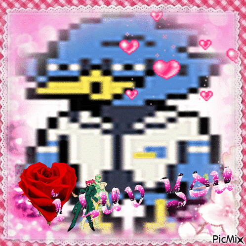 a picture of a penguin with hearts and a red rose with the words picmix below it