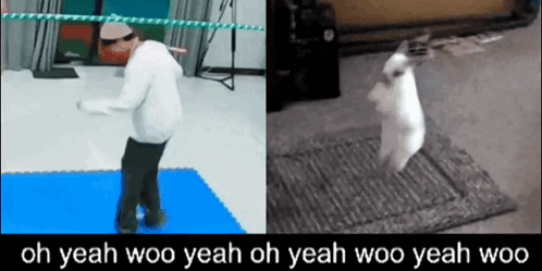 A Picture Of A Person Dancing Next To A Picture Of A Rabbit That Says Oh Yeah Woo GIF