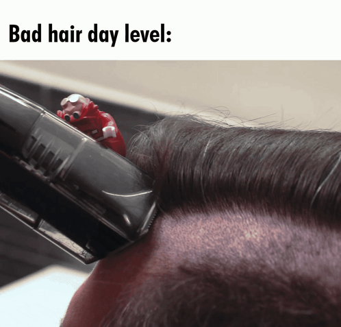 A Picture Of A Person Getting Their Hair Cut With A Caption That Says " Bad Hair Day Level " GIF