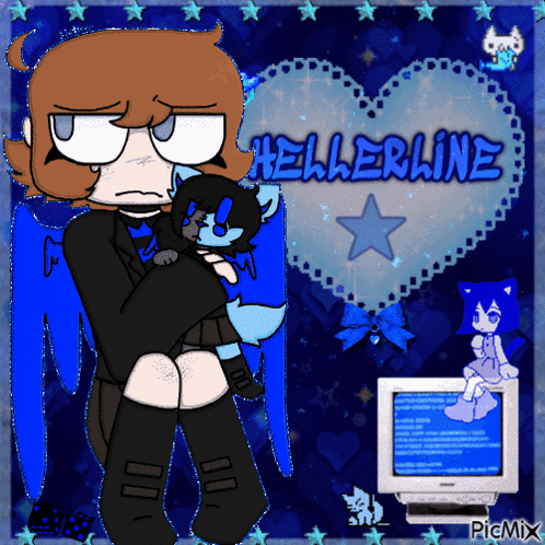 A Picture Of A Person Holding A Cat With The Name Hellerline Written On It GIF