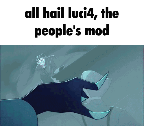 A Picture Of A Person Holding A Glass With The Words All Hail Luci4 The People 'S Mod GIF