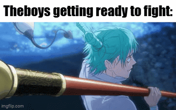 A Picture Of A Person Holding A Stick With The Words " The Boys Getting Ready To Fight " On It GIF