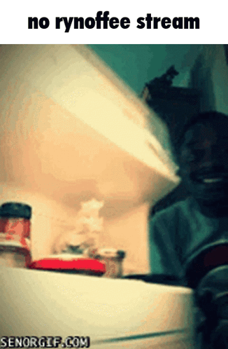 A Picture Of A Person In A Refrigerator With The Words No Rynoffee Stream Below It GIF