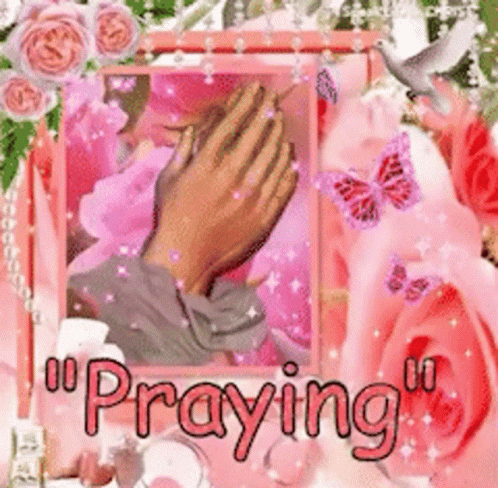 A Picture Of A Person Praying With Roses And Butterflies In The Background GIF