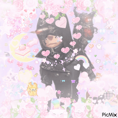 A Picture Of A Person Surrounded By Flowers And Hearts With Picmix Written On The Bottom GIF