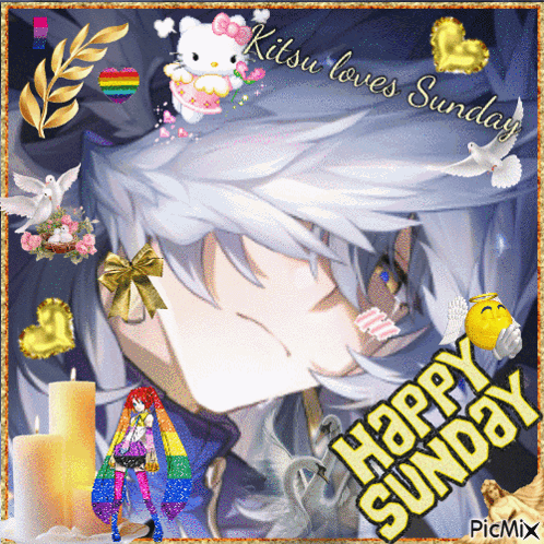 A Picture Of A Person With A Hello Kitty And The Words Happy Sunday On It GIF