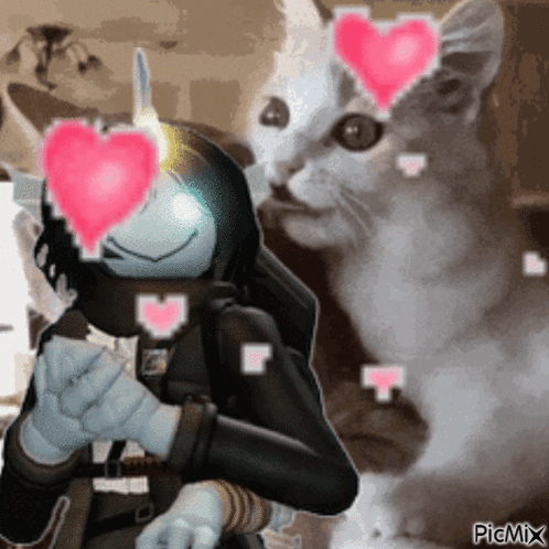 A Picture Of A Person With Hearts On Their Eyes And A Cat With Hearts On Its Face GIF