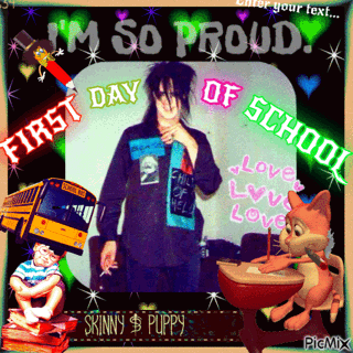 A Picture Of A Person With The Words I 'M So Proud First Day Of School On It GIF