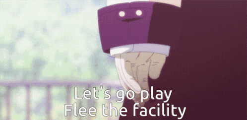 a picture of a person with the words let 's go play flee the facility below them