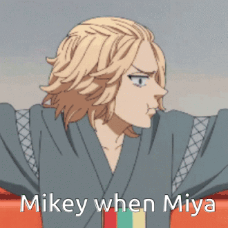 A Picture Of A Person With The Words `` Mikey When Miya '' On It . GIF