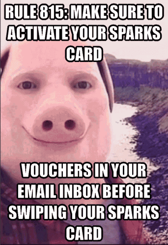 A Picture Of A Pig With The Words Rule 815 Make Sure To Activate Your Sparks Card On It GIF