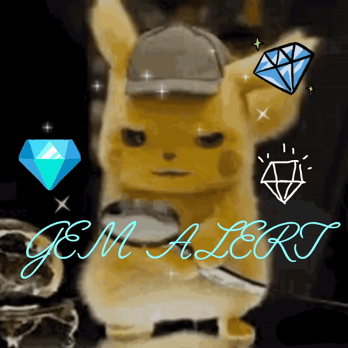 A Picture Of A Pikachu With A Magnifying Glass And The Words Gem Alert Written On The Bottom GIF