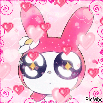 A Picture Of A Pink Bunny Surrounded By Pink Hearts . GIF