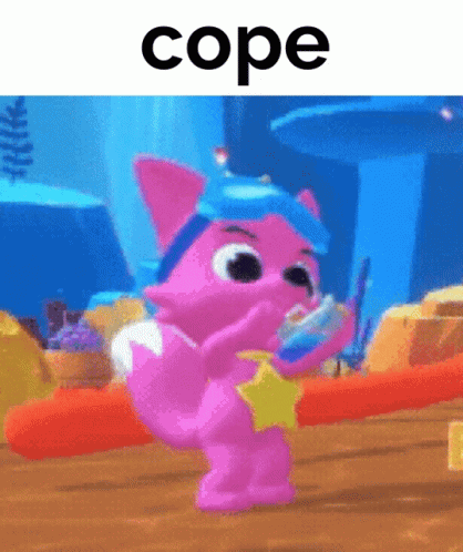 A Picture Of A Pink Cartoon Character With The Word Cope Above It GIF