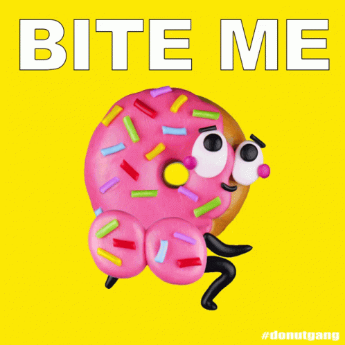 A Picture Of A Pink Donut With Sprinkles And The Words Bite Me Below It GIF