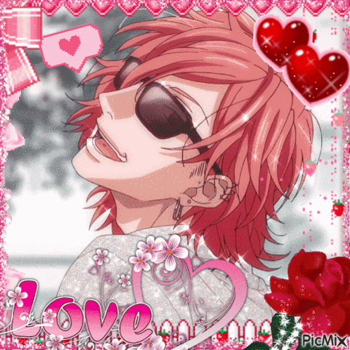 A Picture Of A Pink Haired Anime Character With The Word Love Written On The Bottom GIF