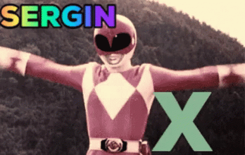 A Picture Of A Pink Power Ranger With The Letters Sergin And X Behind Her GIF