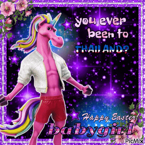 A Picture Of A Pink Unicorn With The Words You Ever Been To Thailand Happy Easter Babygirl GIF