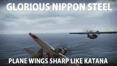 A Picture Of A Plane With The Words " Glorious Nippon Steel Plane Wings Sharp Like Katana " GIF