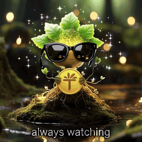 a picture of a plant wearing sunglasses and holding a gold coin with the words always watching below it