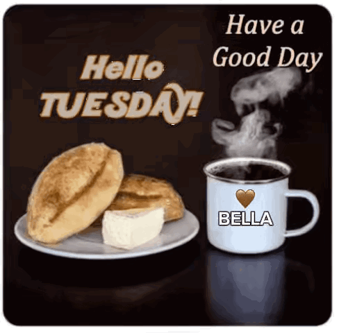 A Picture Of A Plate Of Food And A Cup Of Coffee With The Words Have A Good Day Tuesday . GIF