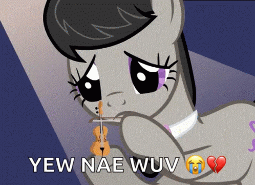 A Picture Of A Pony Holding A Violin With The Words " Yew Nae Wuv " On The Bottom GIF