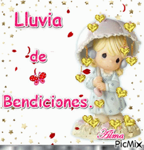 A Picture Of A Precious Moments Doll Holding An Umbrella With The Words Lluvia De Bendiciones GIF