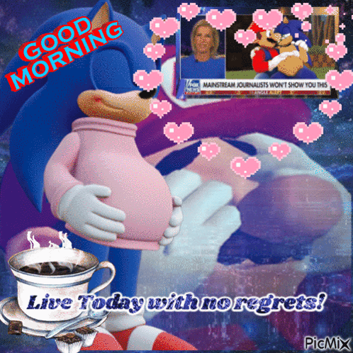 A Picture Of A Pregnant Sonic Holding A Cup Of Coffee With The Words " Live Today With No Regrets " GIF