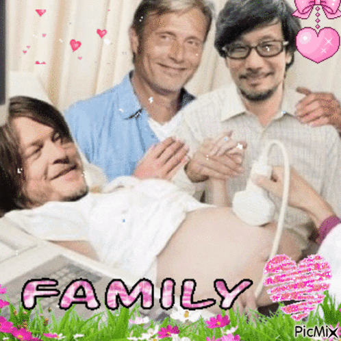 A Picture Of A Pregnant Woman Being Examined By Two Men With The Word Family On The Bottom GIF