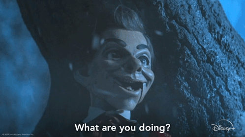 A Picture Of A Puppet With The Words What Are You Doing On It GIF