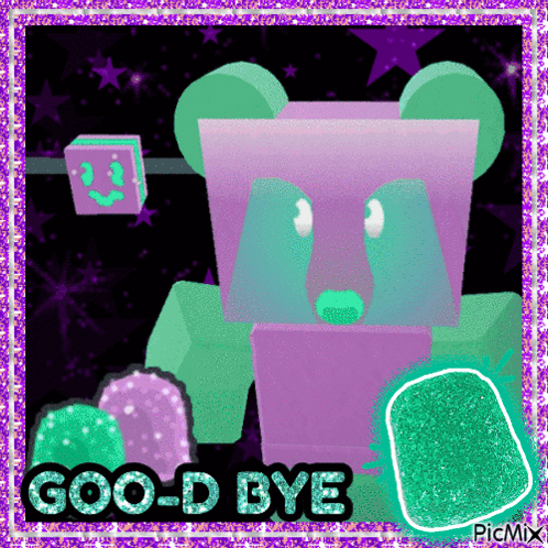 A Picture Of A Purple And Green Bear With The Words Goo-D Bye GIF