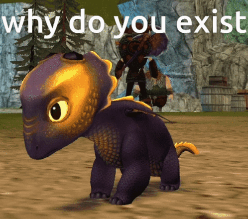 A Picture Of A Purple And Yellow Dragon With The Words Why Do You Exist Above It GIF