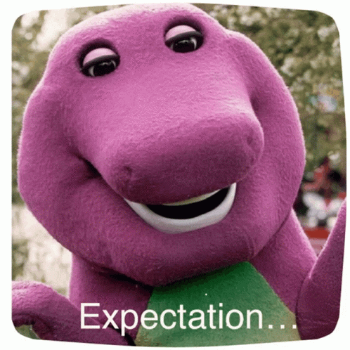 A Picture Of A Purple Dinosaur With The Words " Expectation " Below It GIF