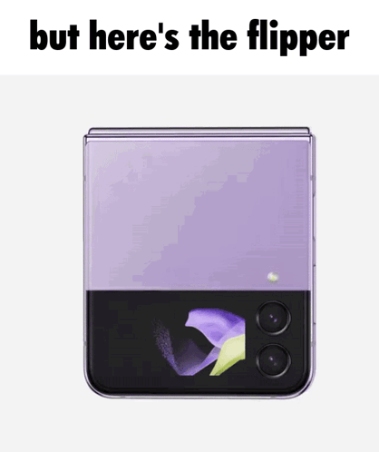 A Picture Of A Purple Flip Phone With The Words But Here 'S The Flipper Below It GIF
