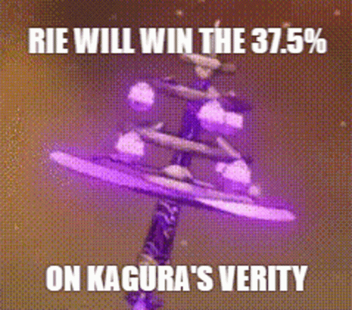 A Picture Of A Purple Sword With The Words `` Rie Will Win The 37.5 % On Kagura 'S Verity '' GIF