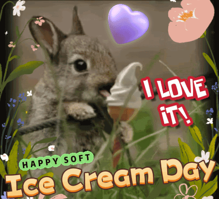 A Picture Of A Rabbit Eating An Ice Cream Cone With The Words " Happy Soft Ice Cream Day " Below It GIF
