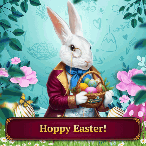 a picture of a rabbit holding a basket of easter eggs