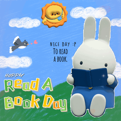 A Picture Of A Rabbit Reading A Book With The Words Read A Book Day GIF