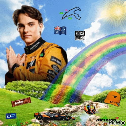 A Picture Of A Race Car Driver With A Rainbow In The Background And The Words House Music On It GIF