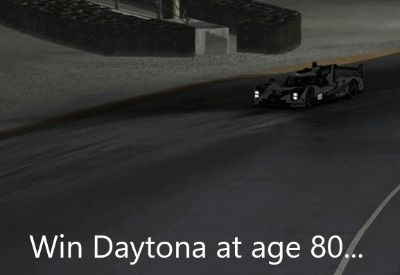 a picture of a race car on a track with the words win daytona at age 80
