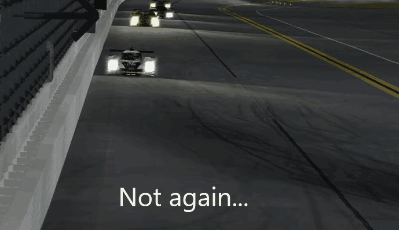 A Picture Of A Race Car With The Words " Not Again " On The Bottom GIF
