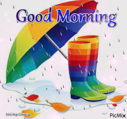 A Picture Of A Rainbow Colored Umbrella And Rain Boots With The Words Good Morning Written On It GIF